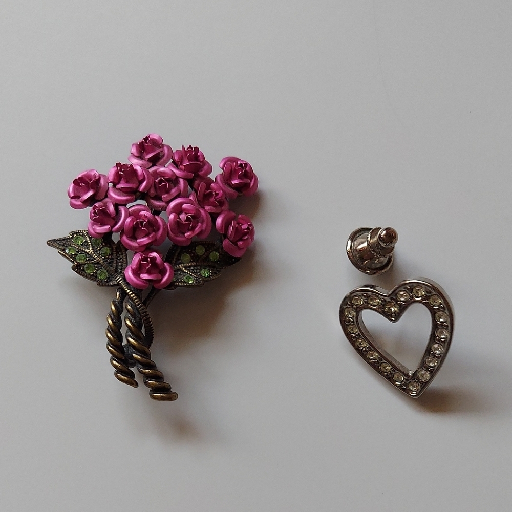 (2) AVON pins - Pink Floral Brooch and Silver Heart Pin